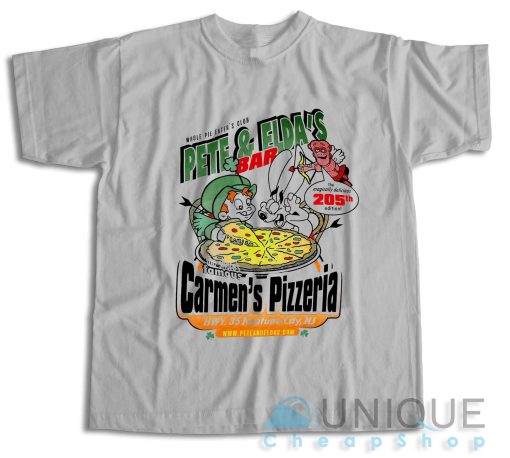 Pete and Elda's Bar Carmen's Pizzeria T-Shirt Color Grey