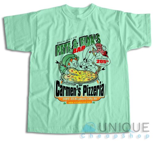 Pete and Elda's Bar Carmen's Pizzeria T-Shirt Color Mint Green