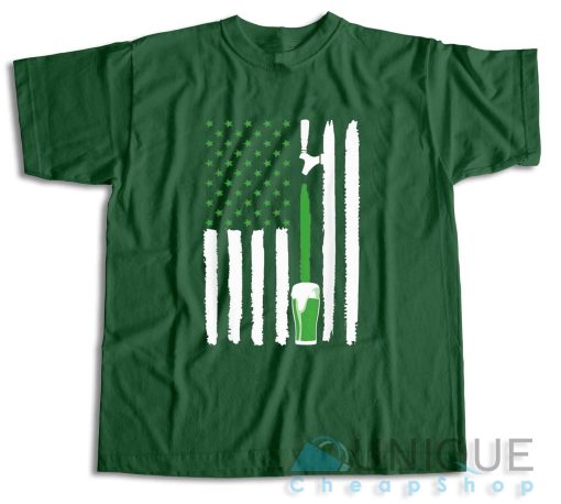 Green Beer American Flag St. Patrick's Day T-Shirt Color Dark Green